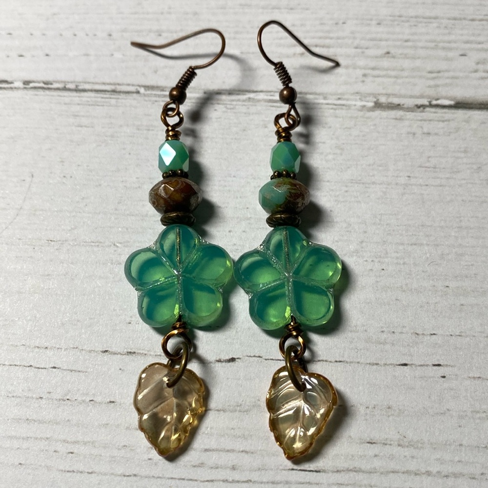 Czech Glass Leaf Charm Earrings